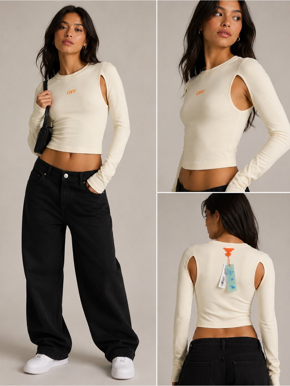 NWT Off-White Sleek LS Crop Top Cream Cutout Long Sleeve Size XS (38)